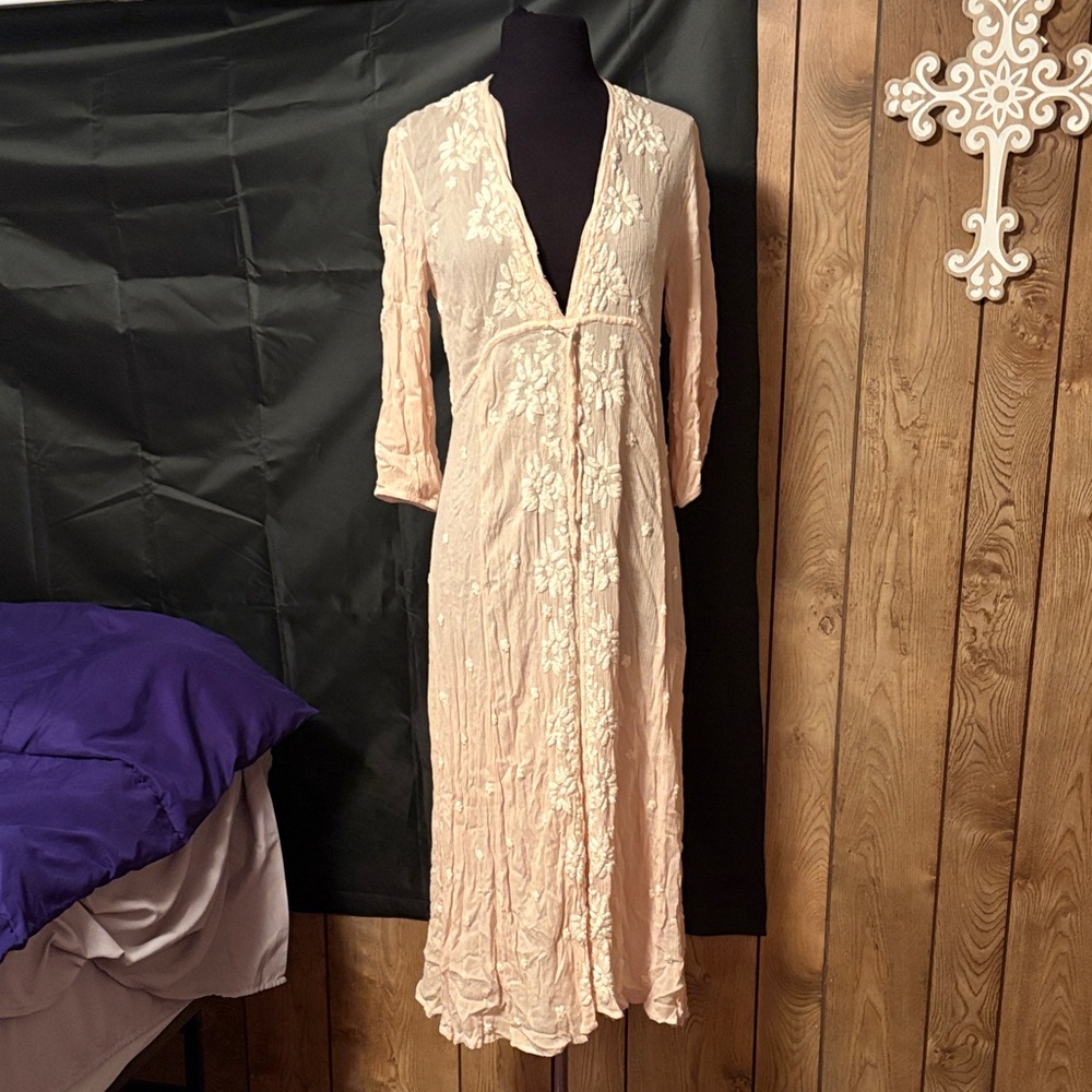 Free People Cream Embroidered Long Dress - Picture 1 of 13